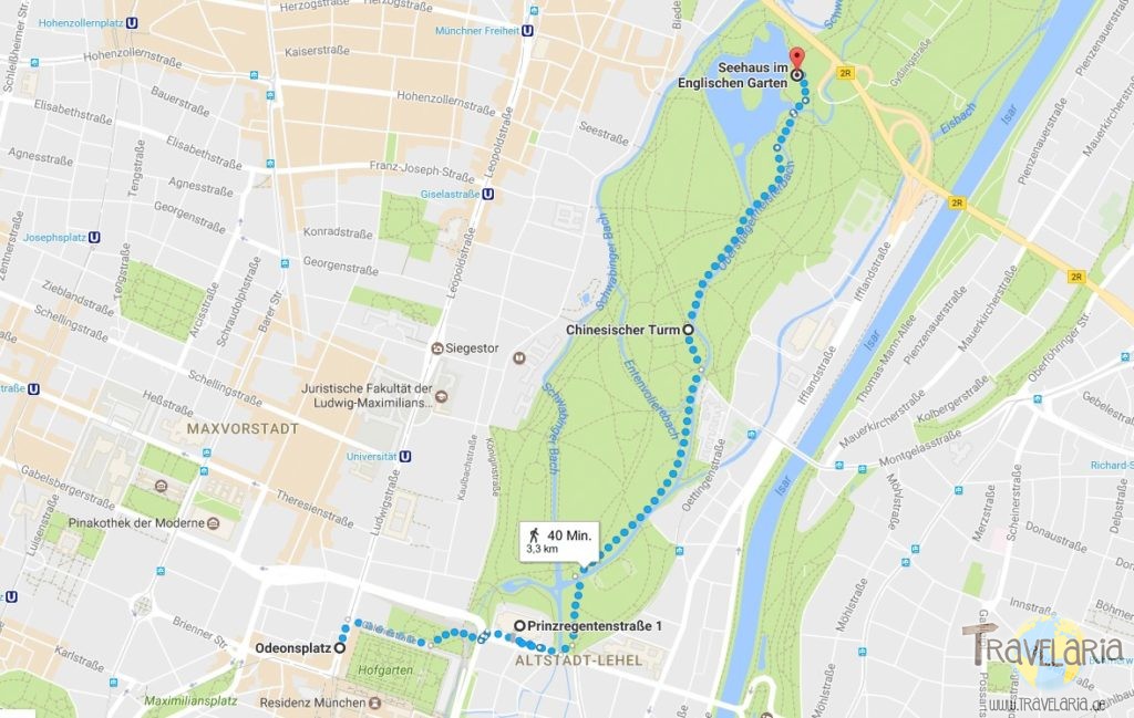 München Route: Odeonsplatz - Hofgarten - Surfwelle - Englischer Garten - Chines. Turm - Seehaus.